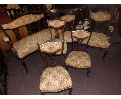 SIX PIECE WALNUT UPHOLSTERED PARLOUR SUITESOFA,CARVER 2CHAIRS &amp; TWO NURSING CHAIRS