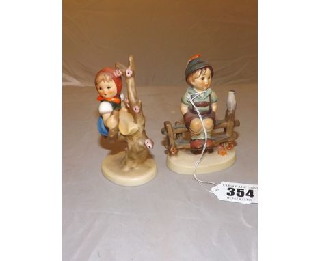 TWO HUMMEL FIGURES APPLE TREE GIRL & JUST RESTING 1938 PATTERN WITH STYLISED BEE MARK