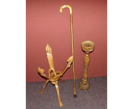 THREE WOODEN ITEMS WALKING STICK FOLDING STAND ASH TRAY  [£5- £10]