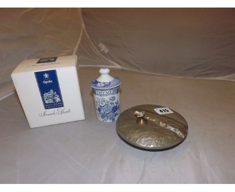 PEWTER CANDLE LAMP & A SMALL SPODE LIDDED POT BOXED
