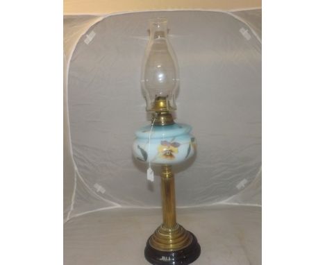 VICTORIAN OIL LAMP WITH A DECORATIVE OPAQUE GLASS FONT