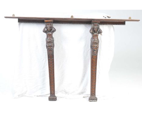 A Victorian carved oak mantelpiece
Later constructed with a plain rectangular moulded shelf supported on two carved uprights,