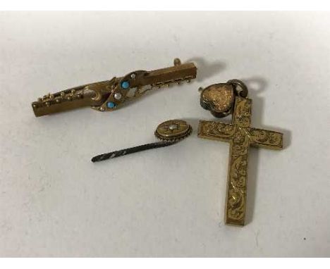 A Victorian 15ct gold turquoise and seed pearl brooch (2.8g), together with a yellow metal cross and similar pin (3)