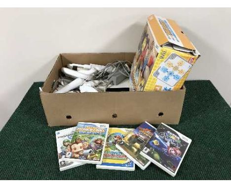 A box of Nintendo Wii console with accessories and games and a Wii Family Trainer 