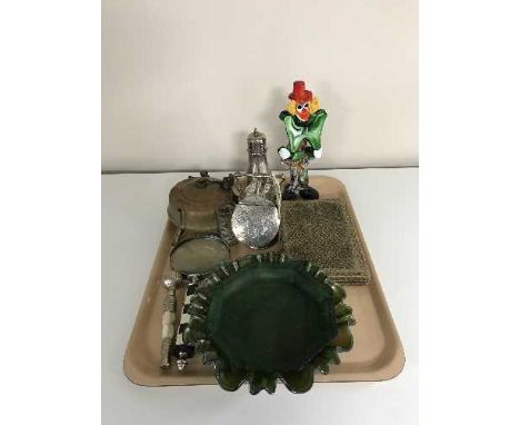 A tray of Primus stove, plated sugar helmet with scoop, plated cutlery, glass clown etc 
