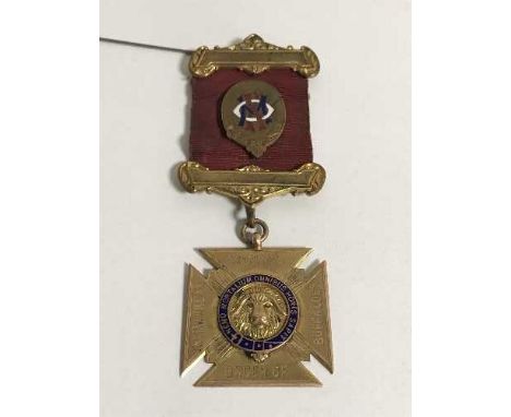A 9ct gold and enamel Royal Order of Buffaloes medal, 11.1g, upon gilt metal suspender with ribbon