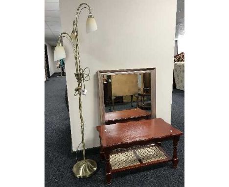 A contempoary framed mirror, coffee table and three way floor lamp 