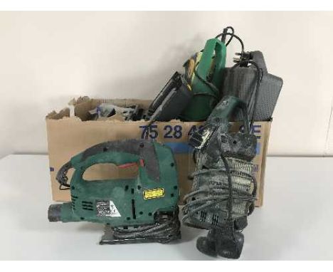 Two boxes of Power tools, tool boxes, soldering gun set, Mcallister tile cutter etc 