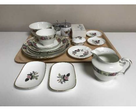 A tray of seven pieces of Wedgwood Hathaway rose china, Royal Worcester egg codlers, pair of boxed Coalport Napkin rings toge