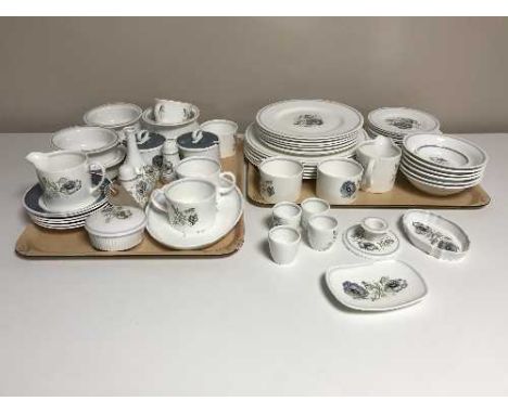 Two trays of sixty-five pieces of Wedgwood Susie Cooper design Glen Mist tea and dinner ware including dishes, candlesticks, 