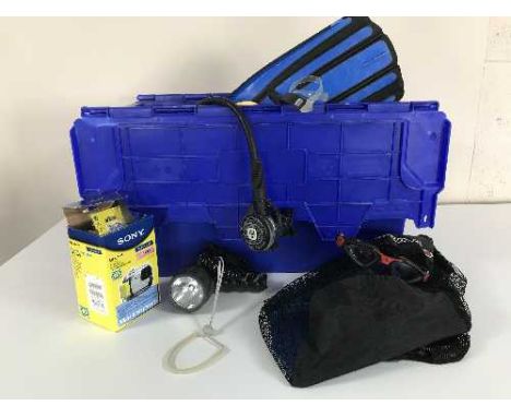 A box of scuba diving equipment including flippers, regulators, snorkels, torches, camera cases and an oxygen tank 