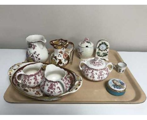 A tray of four pieces of Masons china, Maling lustre preserve pot, trinket dish, Crown Ducal china etc