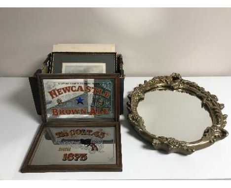 An Italian china planter on stand together with a box of four picture mirrors including Newcastle Brown Ale, hand coloured en