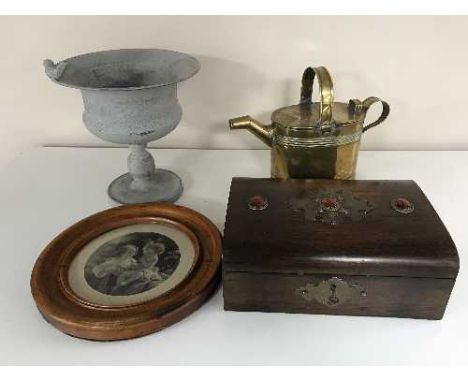 A box of metal planter, circular pine framed engraving, rosewood table box, brass watering can etc  