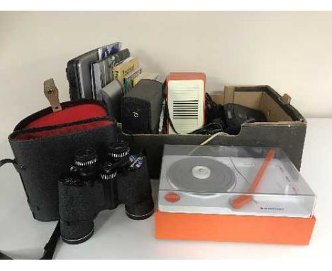 A box of cased Pathescope binoculars, Blaupunkt turn table and speakers, discman, books, Acer lap top etc 