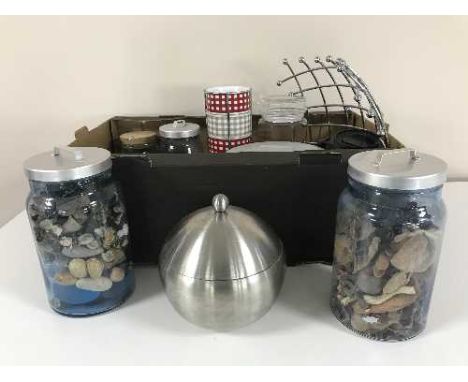 Two boxes of kitchen storage jars, bench top chopping boards, picnic set in back pack, cool bags, serving dishes etc