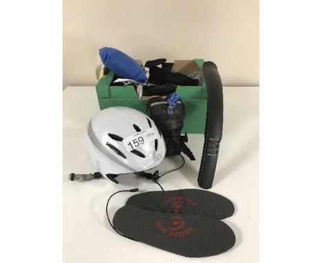 Two boxes of assorted motor bike accessories, parts, Giro time trailing helmet, pump, Camelbak pack back etc 