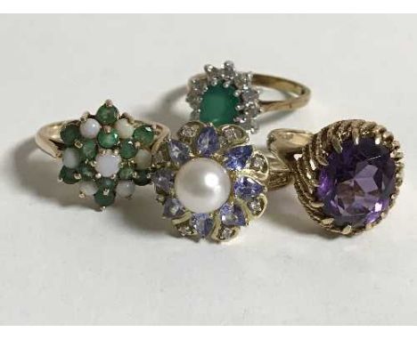 Four gold rings, variously set with opals, emeralds, diamonds, amethyst and pearl, gross weight 13.5g