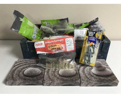 A B & Q tool box, tools, together with a box of hardware, pipe supports, screw in swing hooks etc 
