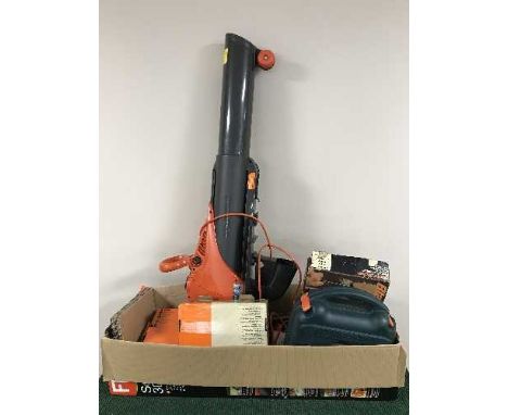 A box of Flymo garden vac, Black and Decker jigsaw, wall paper stripper, mouse sander etc 