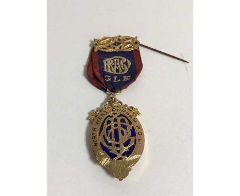 A 9ct gold and enamel medal, 'Presented to Bro George Harwood K.O.M.', upon 9ct gold suspender and ribbon, 18.4g gross