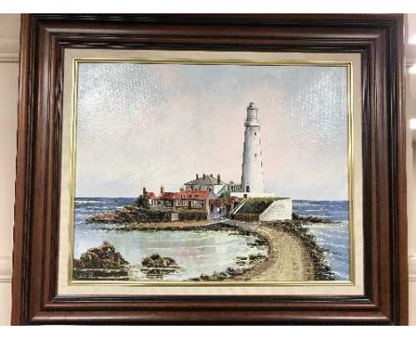 Dallas K Taylor : St. Mary's Lighthouse, oil on board, signed, framed.