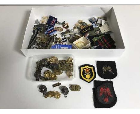 A box of military badges, cap badges, enamel examples, cloth badges etc 
