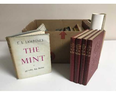 Three boxes of books including a First edition of the Mint by T.E. Lawrence, Military books etc 