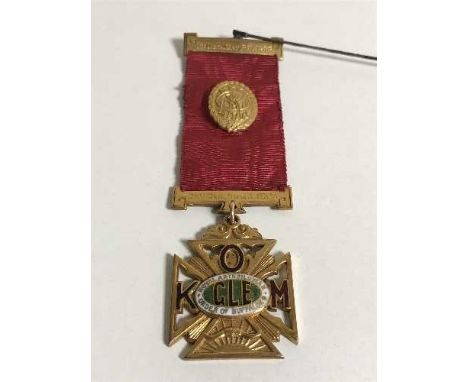 A 9ct gold and enamel Order of Buffaloes medal, upon 9ct gold suspender and ribbon with steel pin, 34.5g gross