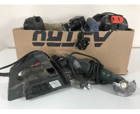 A box of power tools including planers, jig saws, Bosch sander etc