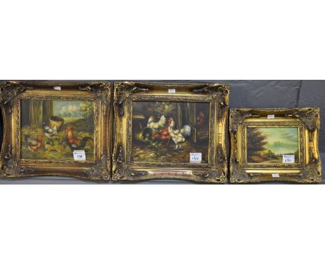 After Edgar Hunt, a pair of modern furnishing over painted prints on canvas, chickens in a barnyard, in heavy gilt frames. To