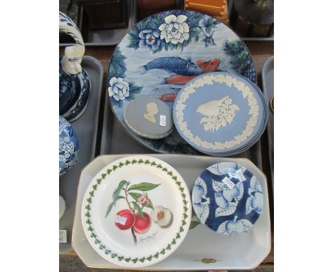 Three trays of assorted china to include; Portuguese pottery cabbage design bowls of various sizes, blanc de chine woven cent