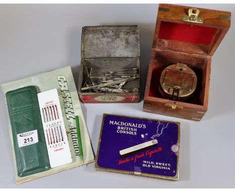 Box of oddments to include; reproduction Stanley of London compass in box, vintage MacDonald's British cigarettes in original