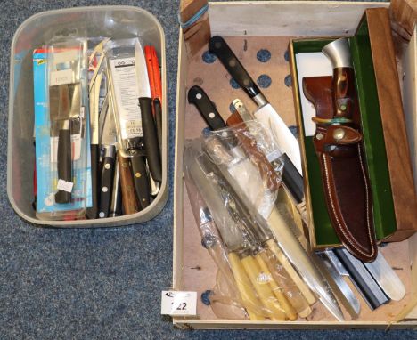 Crate of oddments to include kitchen knives and other cutlery, Westmark knife in scabbard, etc.(B.P. 21% + VAT) 