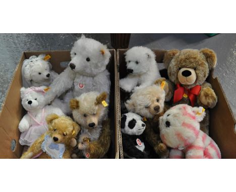 Two boxes of modern Steiff bears to include:   Steiff panda, bridal bear, large white classic teddy bear etc., most have butt