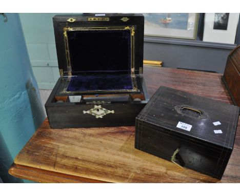 Two 19th Century Coromandel boxes, one a jewellery casket with keys and brass fittings, having a lift out compartment, togeth