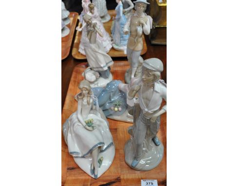 Tray of Nao style figurines, three marked FP to the base, 'Cecilia, The Carnation Maiden', 'Dolores, The Dahlia Maiden' and '