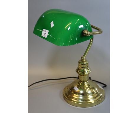 Modern brass bankers type desk lamp with green glass shade. 38cm high approx.(B.P. 21% + VAT) 