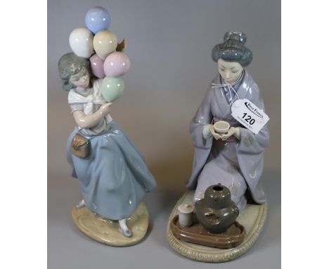 Two Lladro Spanish porcelain figurines; one of an oriental lady drinking her tea, the other a balloon lady. (2) (B.P. 21% + V