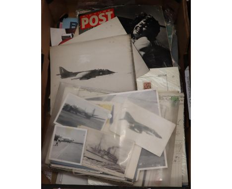 Box of ephemera to include; a Goldon Eagle stamp album with assorted stamps, Will's cigarette cards, Picture Post magazine, v