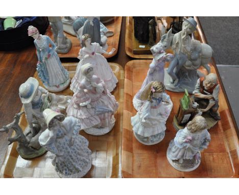 Two trays of largely Royal Worcester and Coalport figurines, including a collection of the Victoria & Album Museum 'Walking O