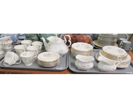 Two trays of Royal Albert English bone china 'Haworth' design tea and dinnerware items to include; teapot, teacups and saucer