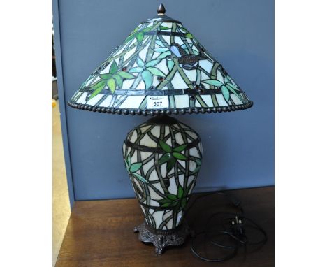 Modern Tiffany style table lamp with conical shade and baluster base, decorated with birds, berries and foliage. (B.P. 21% + 