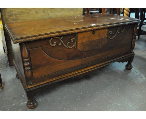 Early 20th century mahogany and mixed woods trunk or blanket box on shaped frieze and baluster feet.(B.P. 21% + VAT) 
