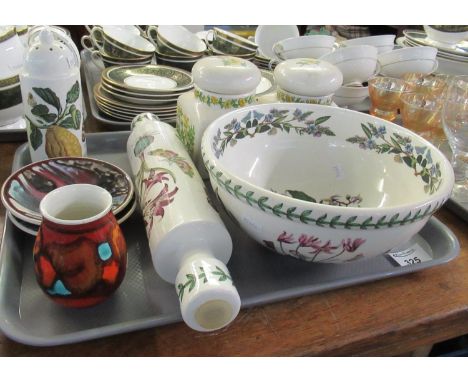 Tray of assorted china to include; Portmeirion Pottery mixing bowl, rolling pin and sugar caster, two Poole pottery mid Centu