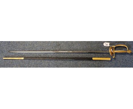 A Wilkinson Sword Queen Elizabeth II court sword with gilded hilt and etched plated blade in leather and gilt mounted scabbar