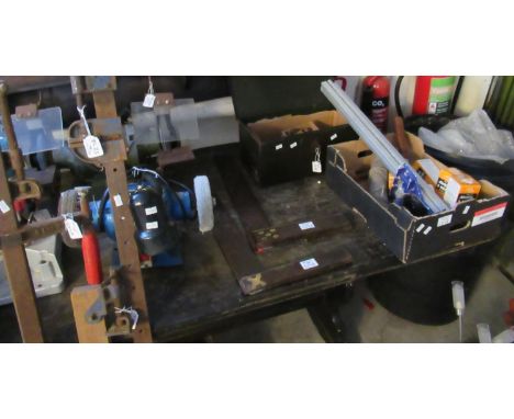 Collection of tools to include; sash clamps, 8" Clarke metalworker bench grinder, Aladdin 2" wicks in original boxes, vintage