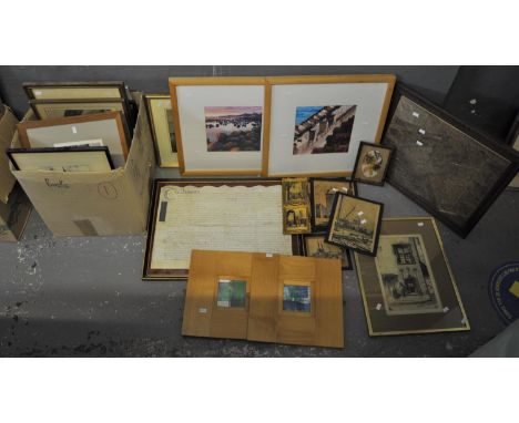 Large collection of assorted furnishing prints, etchings, an indenture, watercolours etc. (B.P. 21% + VAT) 