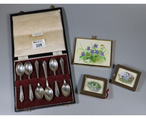 Set of six silver cased teaspoons with Birmingham hallmarks, 2.1 troy oz approx. Together with miniature framed botanical wat