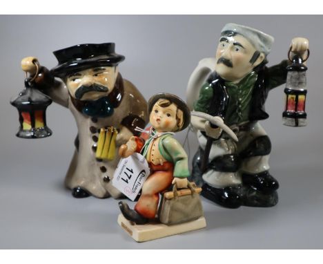 Two Roy Kirkham toby jugs of a coal miner and a night watchman, together with a West German Hummel figurine 'Merry Wonderer'.